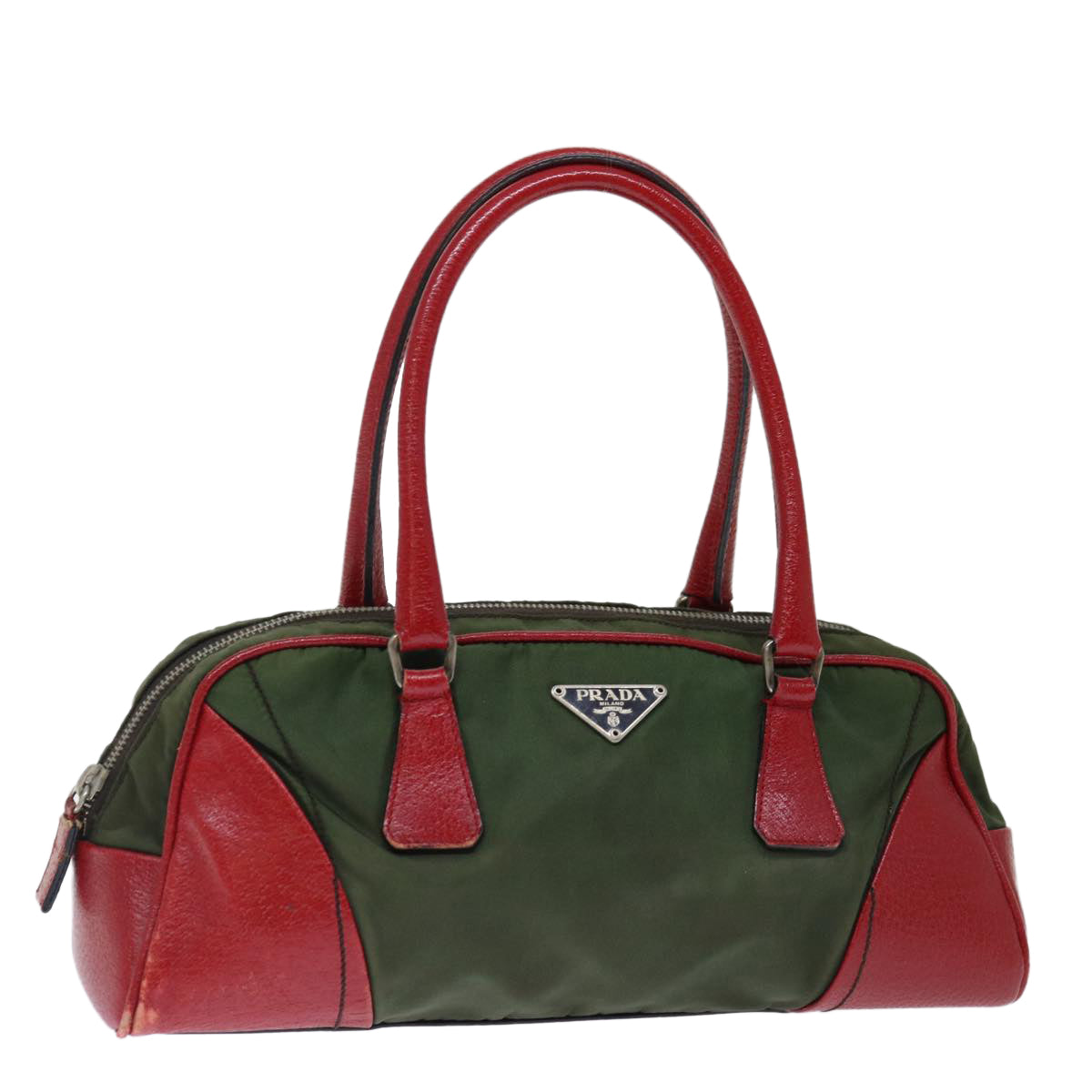 PRADA Hand Bag Nylon Khaki Red Auth 71871