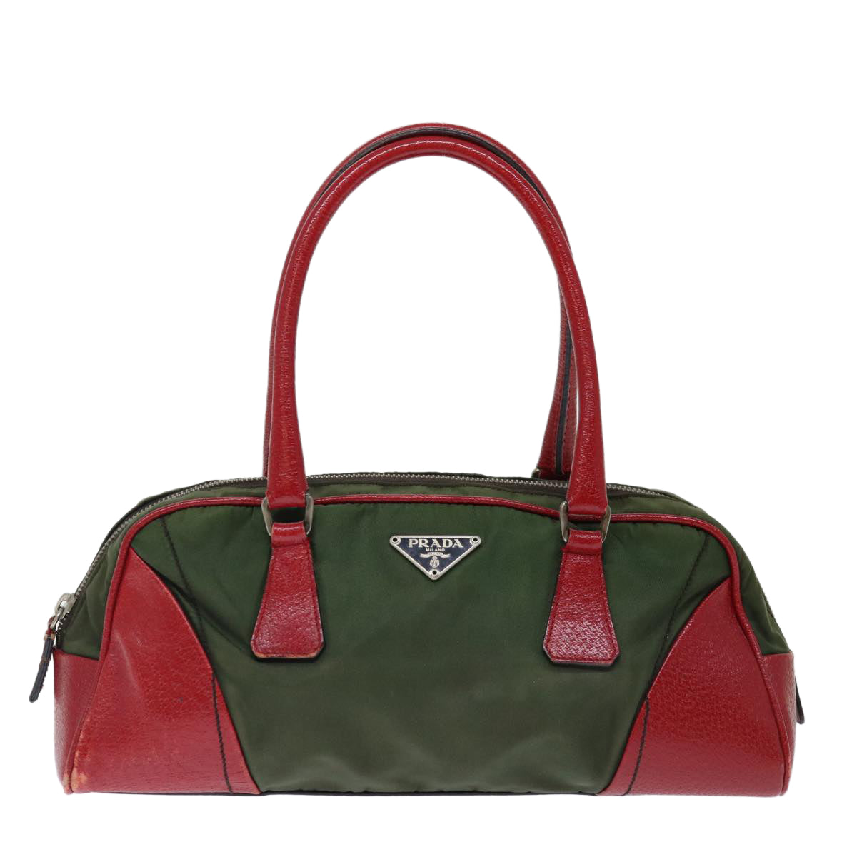 PRADA Hand Bag Nylon Khaki Red Auth 71871