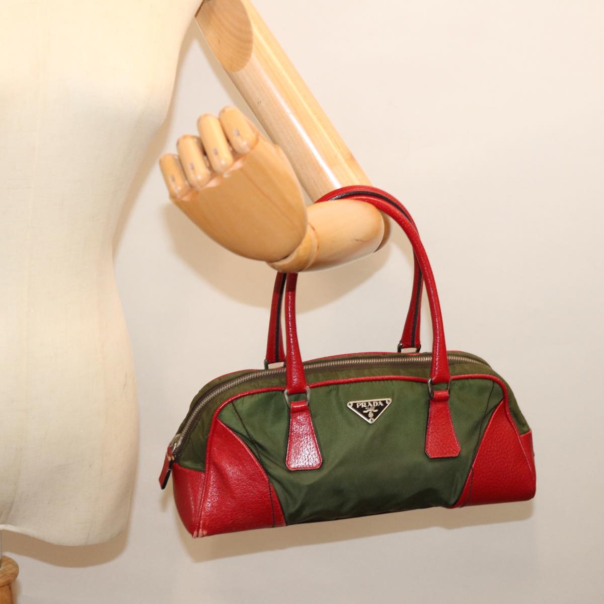 PRADA Hand Bag Nylon Khaki Red Auth 71871