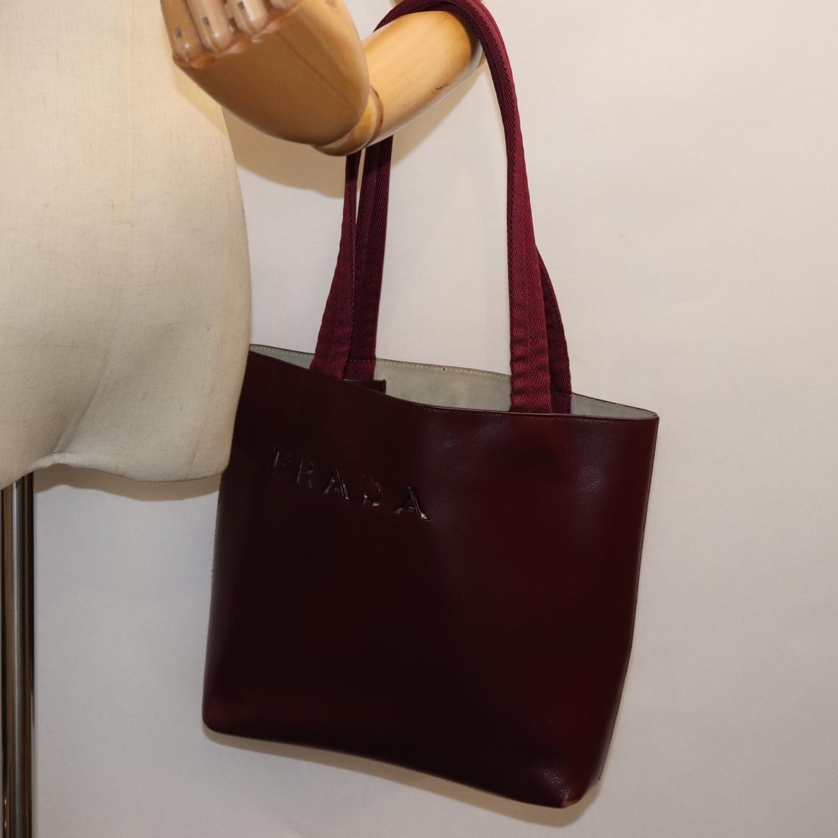 PRADA Hand Bag Leather Bordeaux Auth 71872