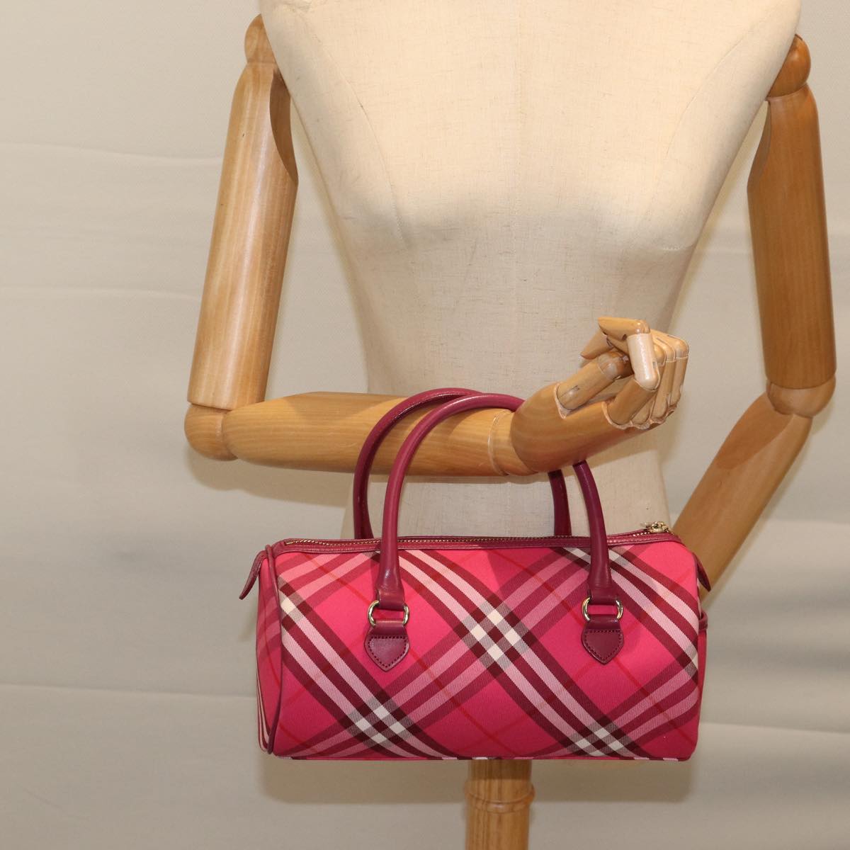 BURBERRY Nova Check Blue Label Hand Bag Canvas Pink Auth 71873