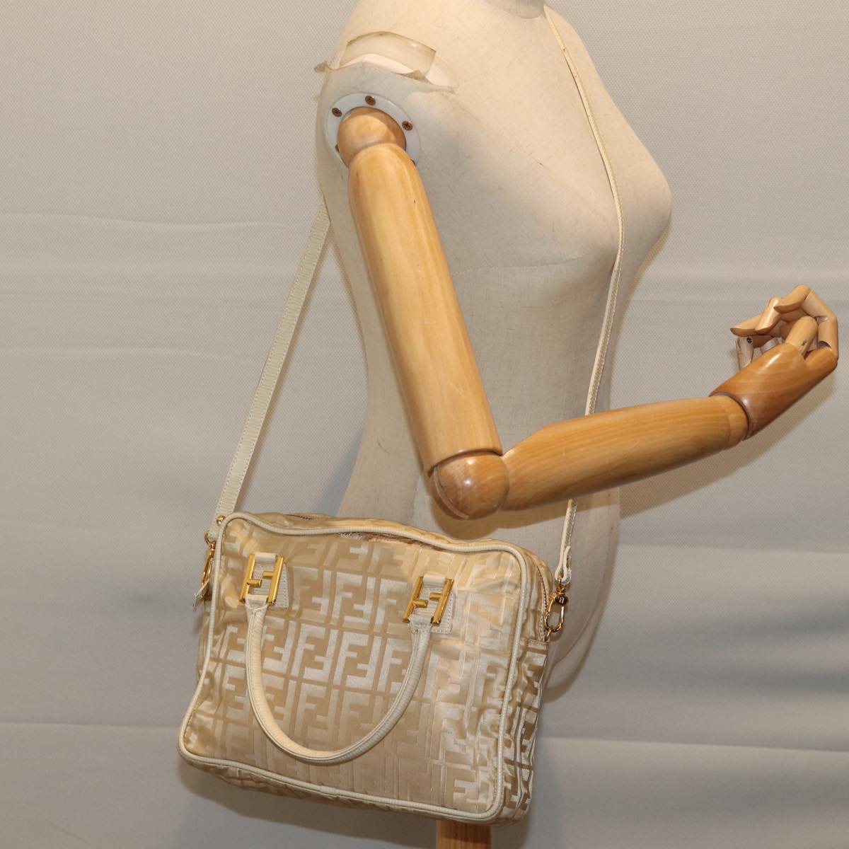 FENDI Zucca Canvas Hand Bag 2way Cream Auth 71902