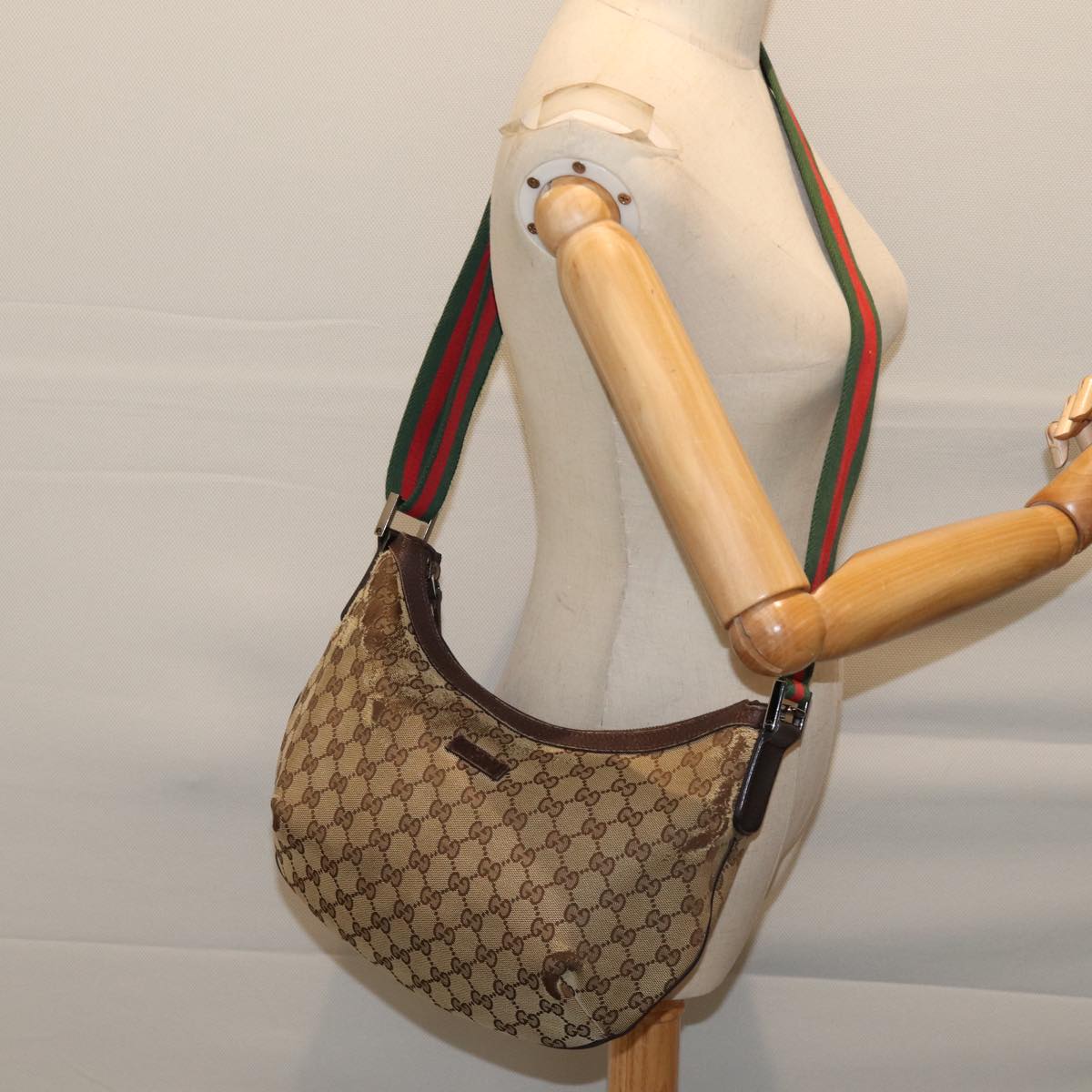 GUCCI GG Canvas Web Sherry Line Shoulder Bag Beige Red Green 181092 Auth 71918