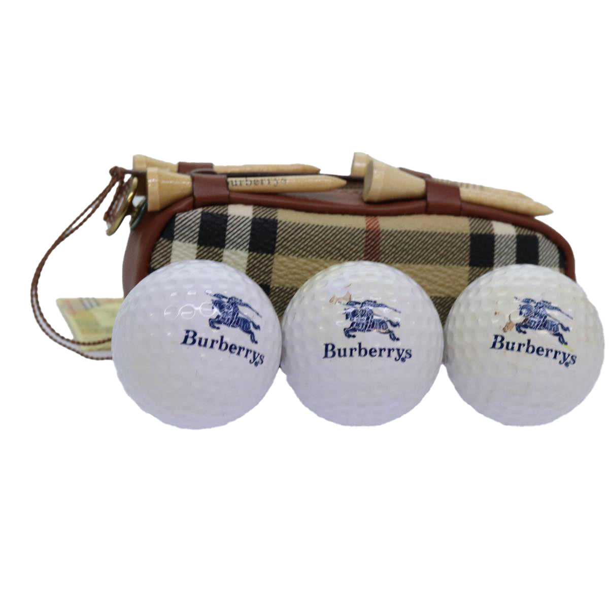 Burberrys Nova Check Golf Balls & Golf Ball Cases PVC Leather Beige Auth 72040