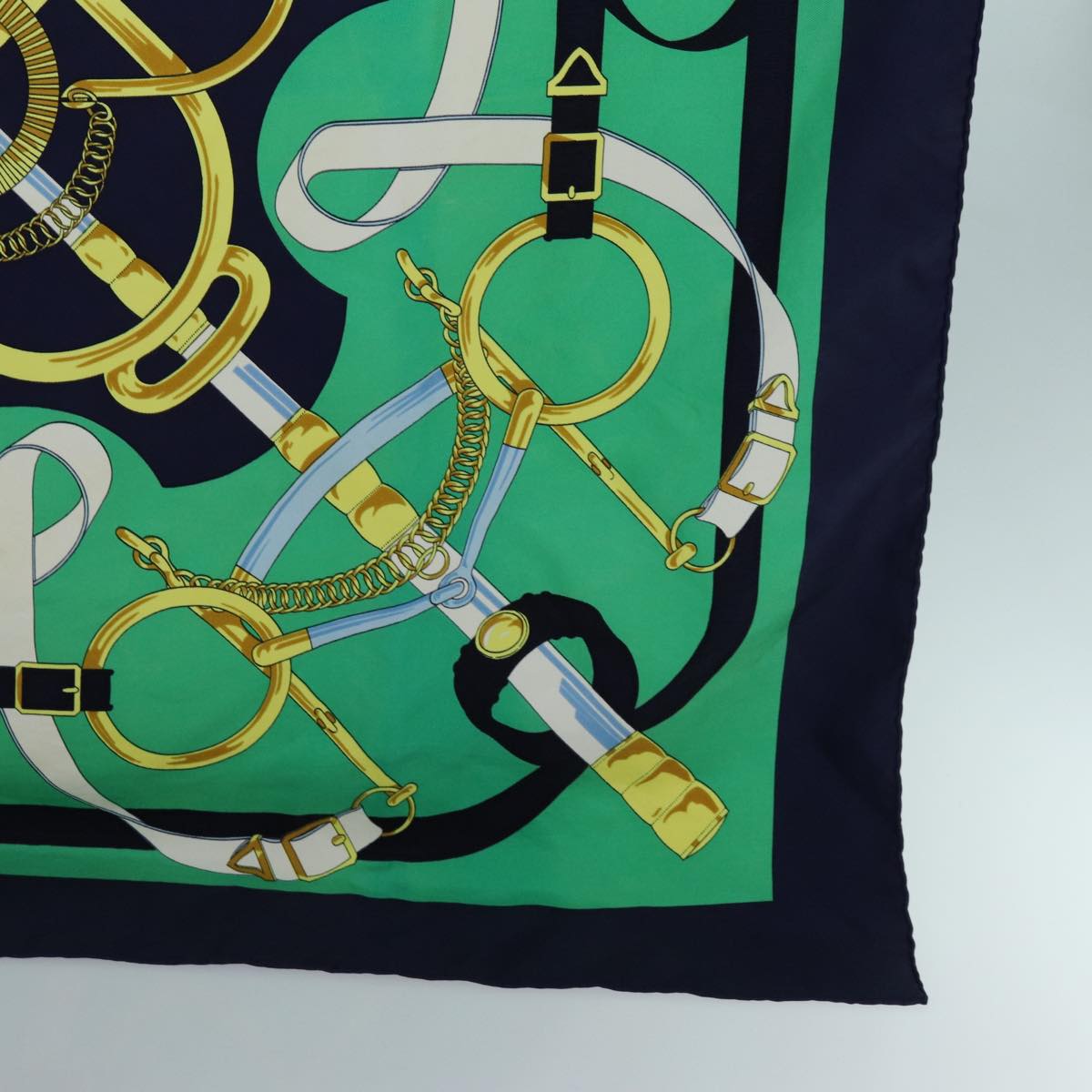 HERMES Carre 90 Eperon d'or Scarf Silk Navy Green Auth 72050