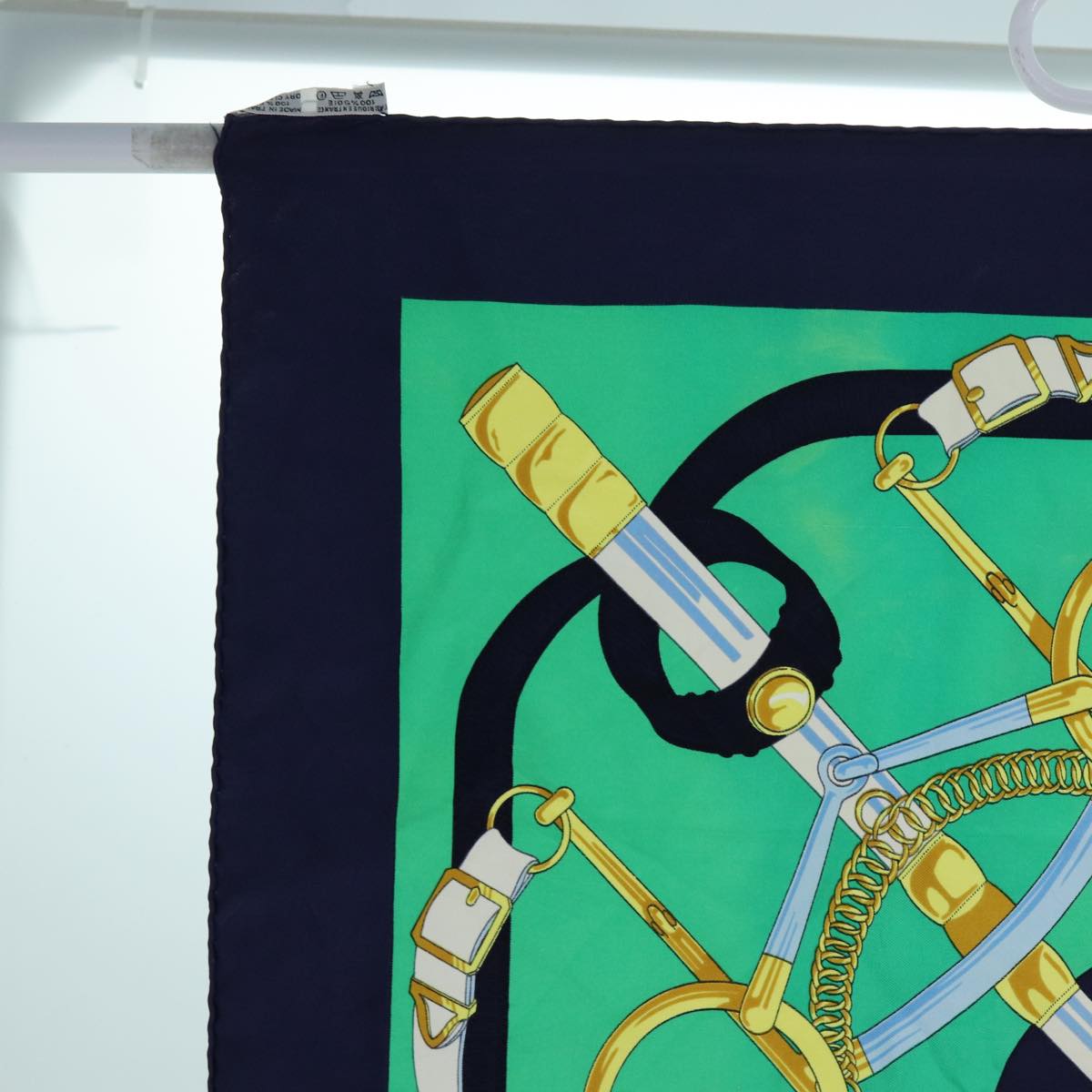 HERMES Carre 90 Eperon d'or Scarf Silk Navy Green Auth 72050