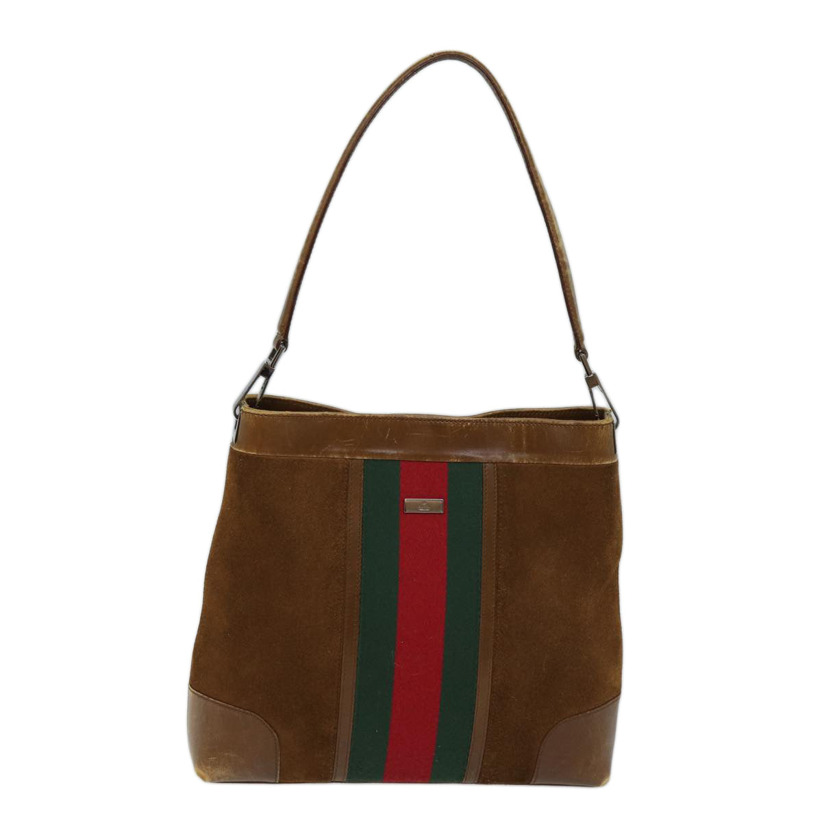 GUCCI Web Sherry Line Shoulder Bag Suede Brown Red Green 33900 Auth 72093