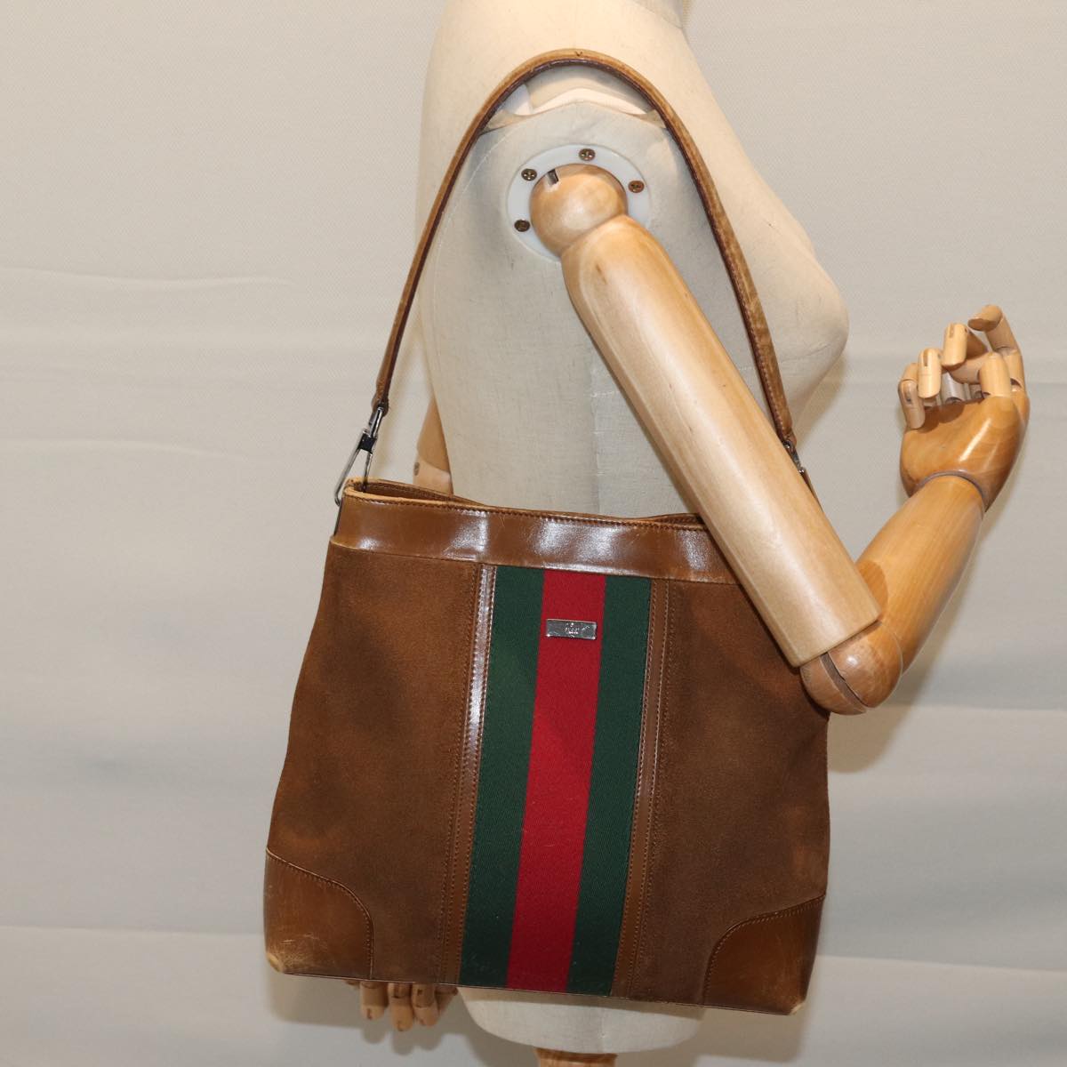 GUCCI Web Sherry Line Shoulder Bag Suede Brown Red Green 33900 Auth 72093