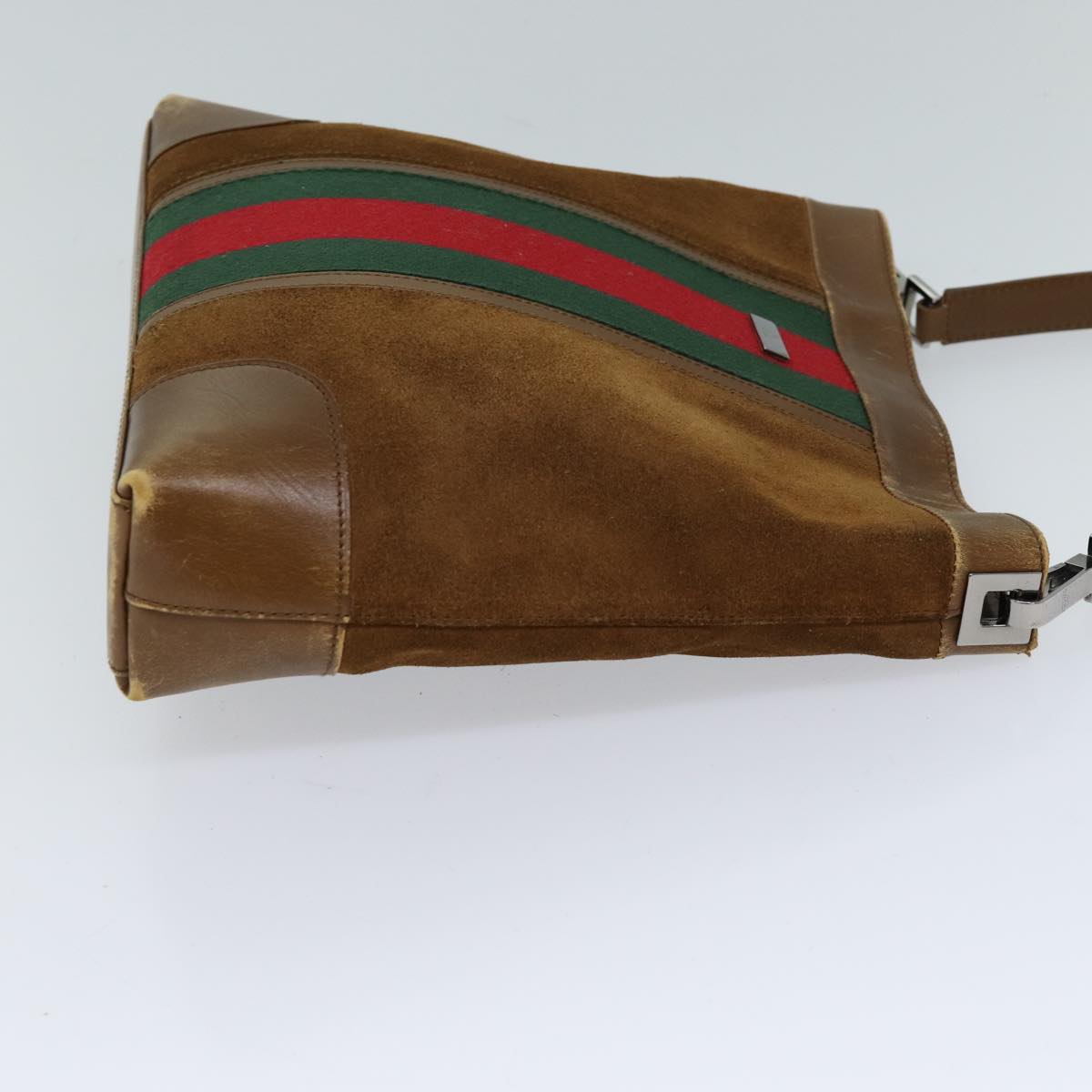 GUCCI Web Sherry Line Shoulder Bag Suede Brown Red Green 33900 Auth 72093