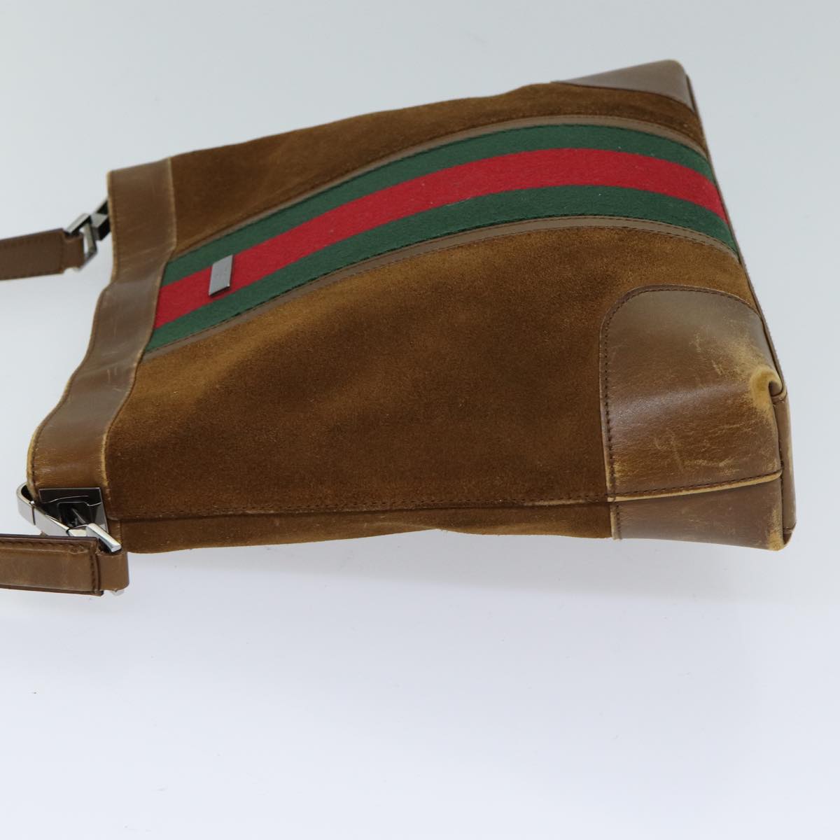 GUCCI Web Sherry Line Shoulder Bag Suede Brown Red Green 33900 Auth 72093