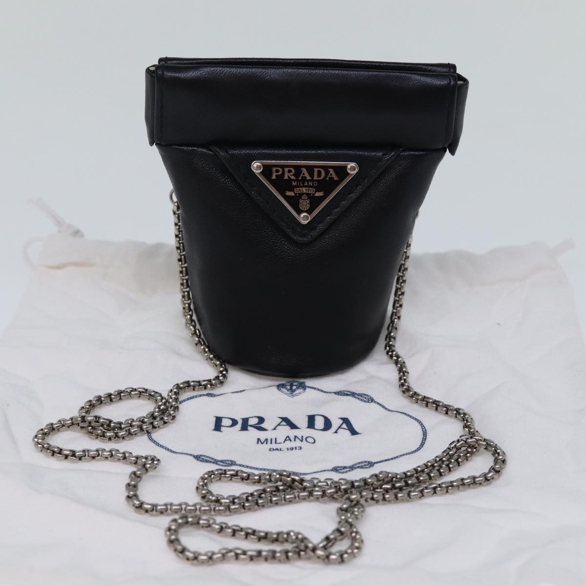 PRADA Chain Shoulder Pouch Leather Black Auth 72105