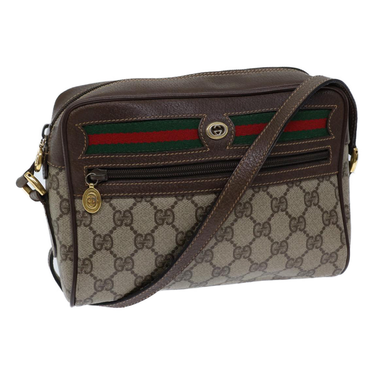 GUCCI GG Canvas Web Sherry Line Shoulder Bag PVC Beige Green Red Auth 72150