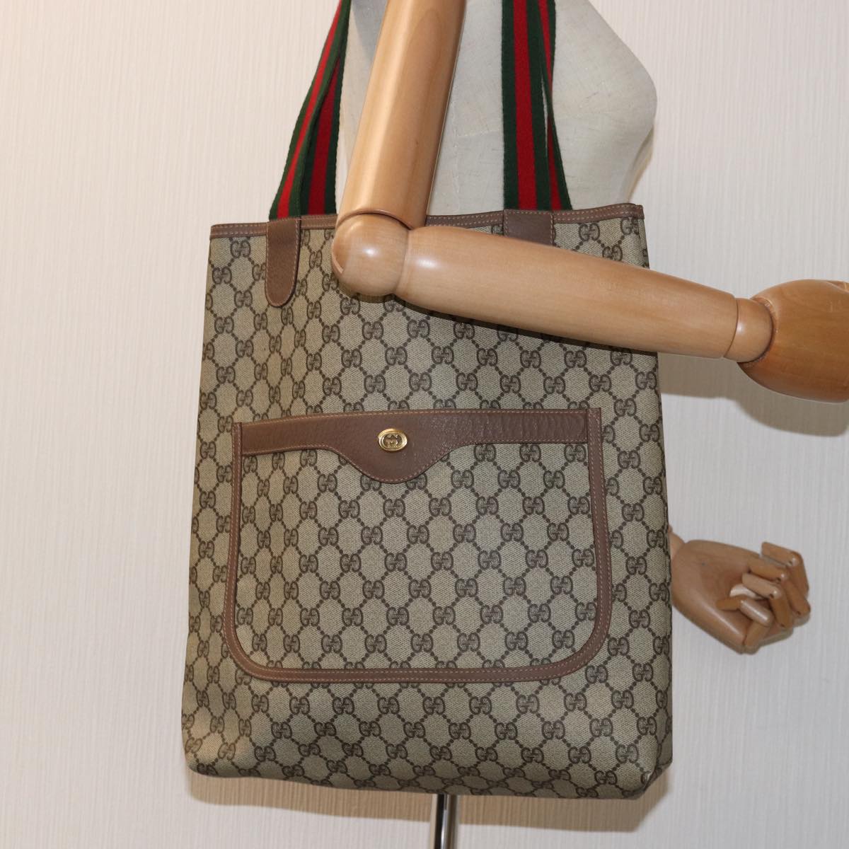 GUCCI GG Supreme Web Sherry Line Tote Bag Beige Red 002 123 6487 Auth 72203