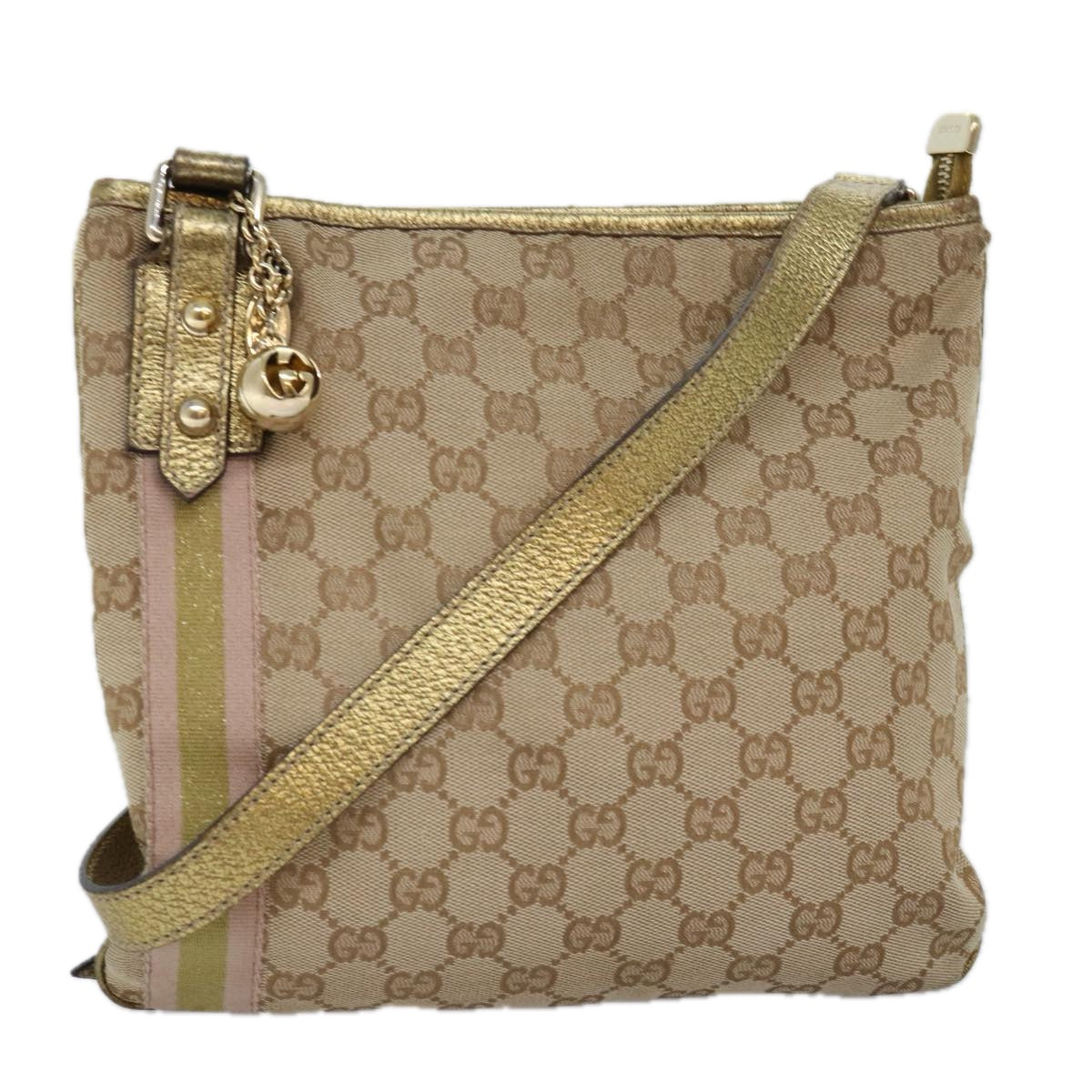 GUCCI GG Canvas Sherry Line Shoulder Bag Gold Beige pink 144388 Auth 72295