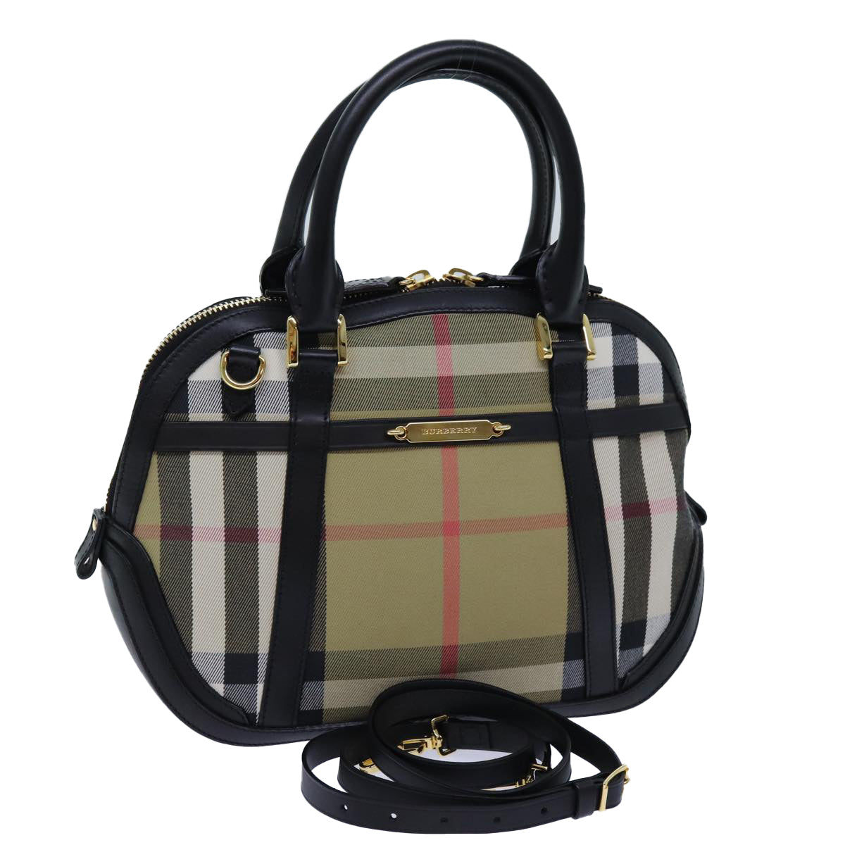 BURBERRY Nova Check Hand Bag Canvas 2way Beige Black Auth 72345