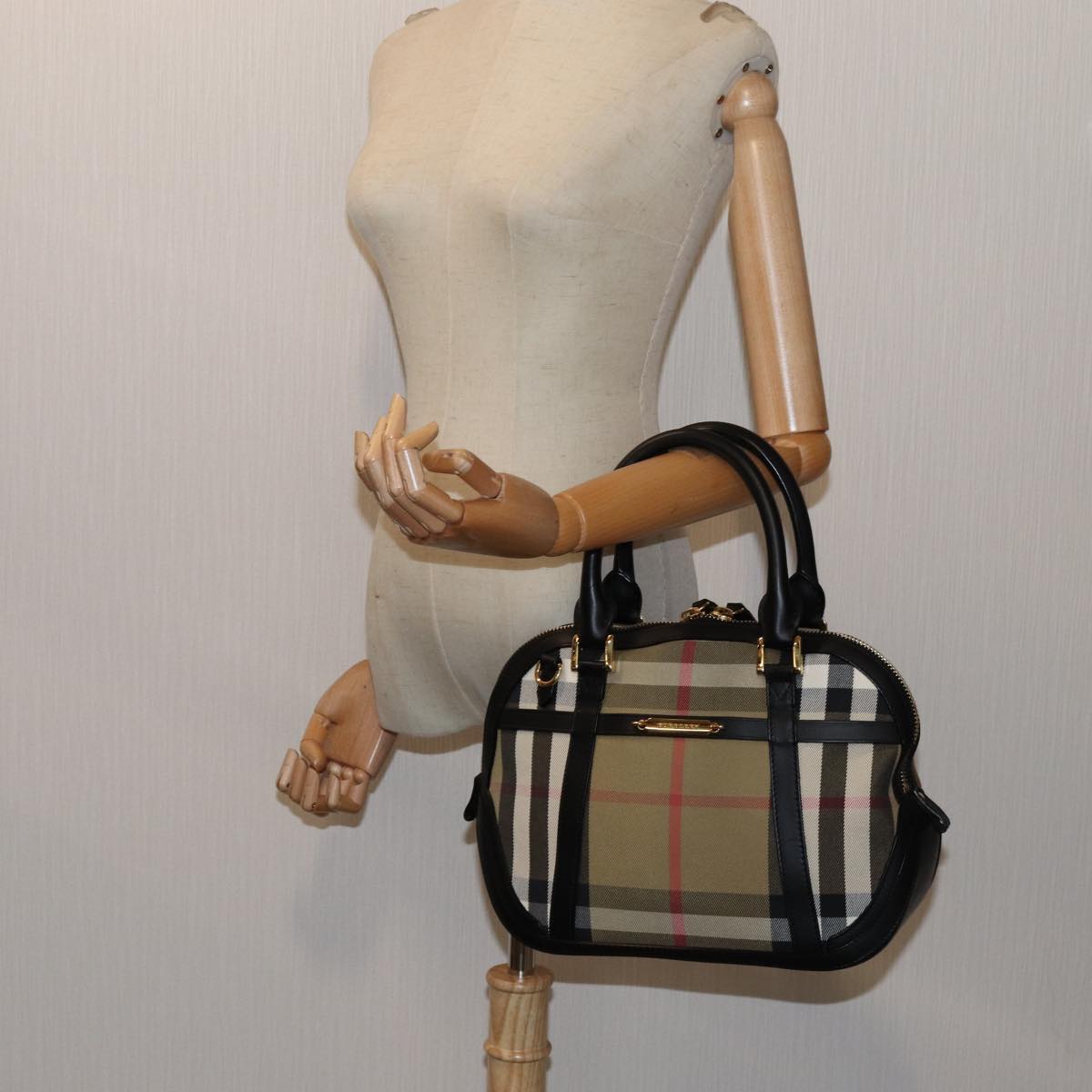 BURBERRY Nova Check Hand Bag Canvas 2way Beige Black Auth 72345