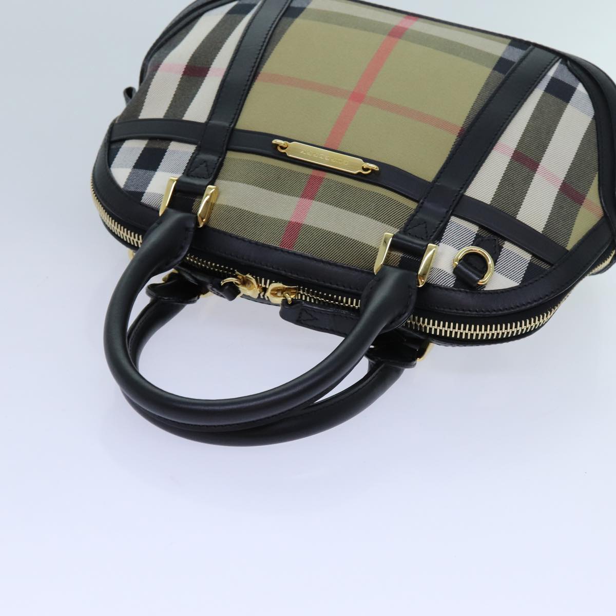 BURBERRY Nova Check Hand Bag Canvas 2way Beige Black Auth 72345