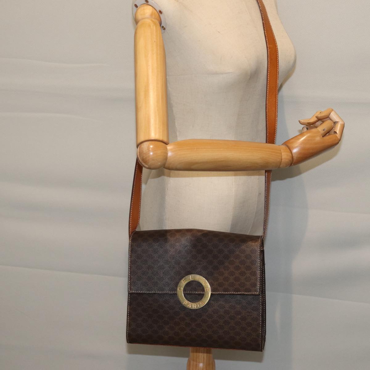 CELINE Macadam Canvas Shoulder Bag PVC Brown Auth 72346