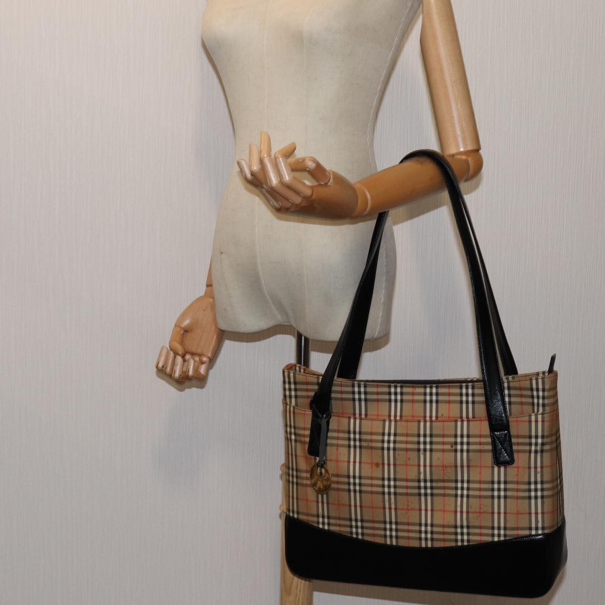 BURBERRY Nova Check Tote Bag Canvas Beige Black Auth 72354