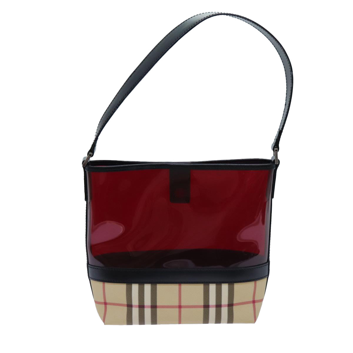 BURBERRY Nova Check Shoulder Bag Coated Canvas Vinyl Beige Red Auth 72405