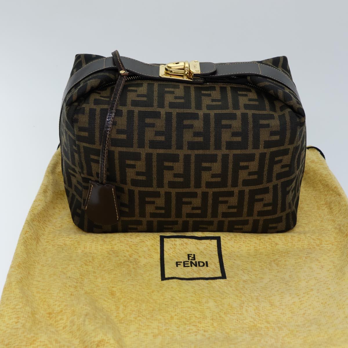 FENDI Zucca Canvas Vanity Cosmetic Pouch Brown Black Auth 72408