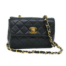 CHANEL Mini Matelasse Turn Lock Chain Bag Lamb Skin Black CC Auth 72435AV-1