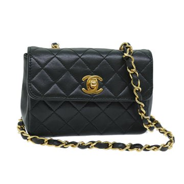 CHANEL Mini Matelasse Turn Lock Chain Bag Lamb Skin Black CC Auth 72435AV