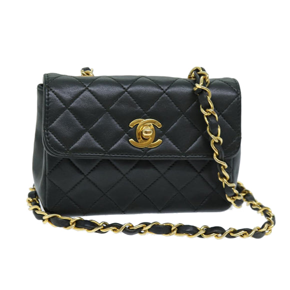 CHANEL Mini Matelasse Turn Lock Chain Bag Lamb Skin Black CC Auth 72435AV