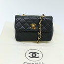 CHANEL Mini Matelasse Turn Lock Chain Bag Lamb Skin Black CC Auth 72435AV-12