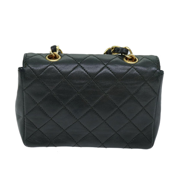 CHANEL Mini Matelasse Turn Lock Chain Bag Lamb Skin Black CC Auth 72435AV