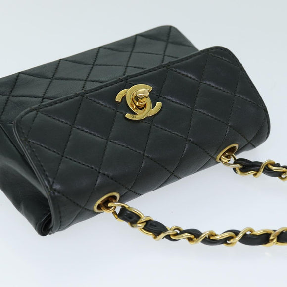 CHANEL Mini Matelasse Turn Lock Chain Bag Lamb Skin Black CC Auth 72435AV