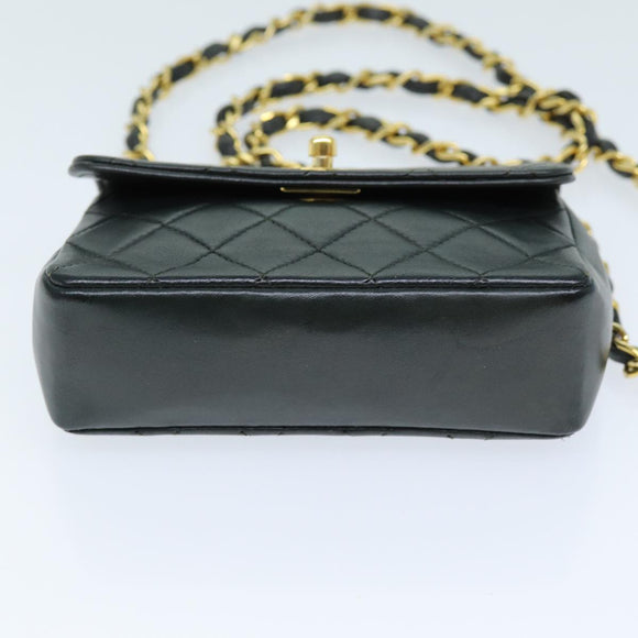 CHANEL Mini Matelasse Turn Lock Chain Bag Lamb Skin Black CC Auth 72435AV