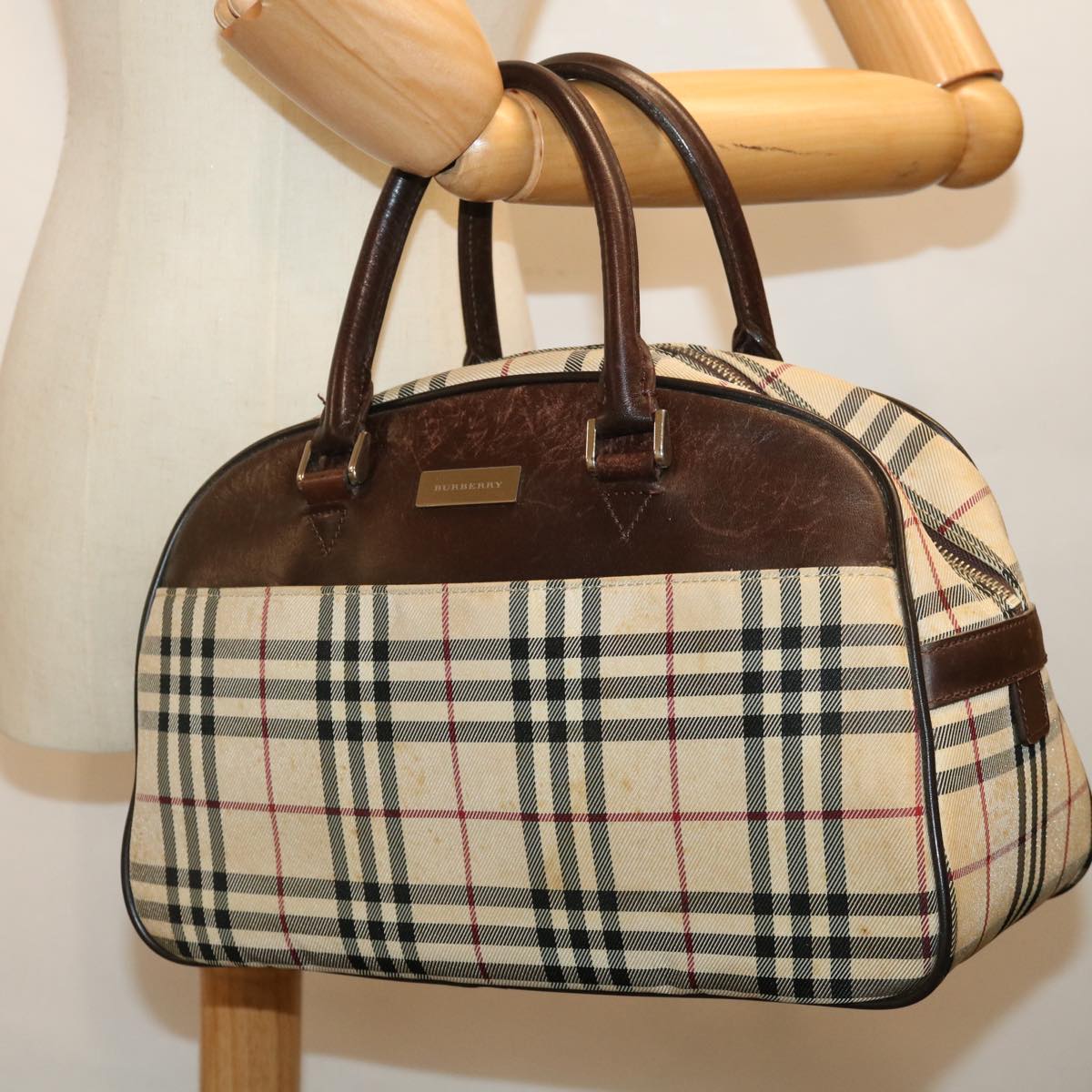 BURBERRY Nova Check Hand Bag Canvas Beige Auth 72464