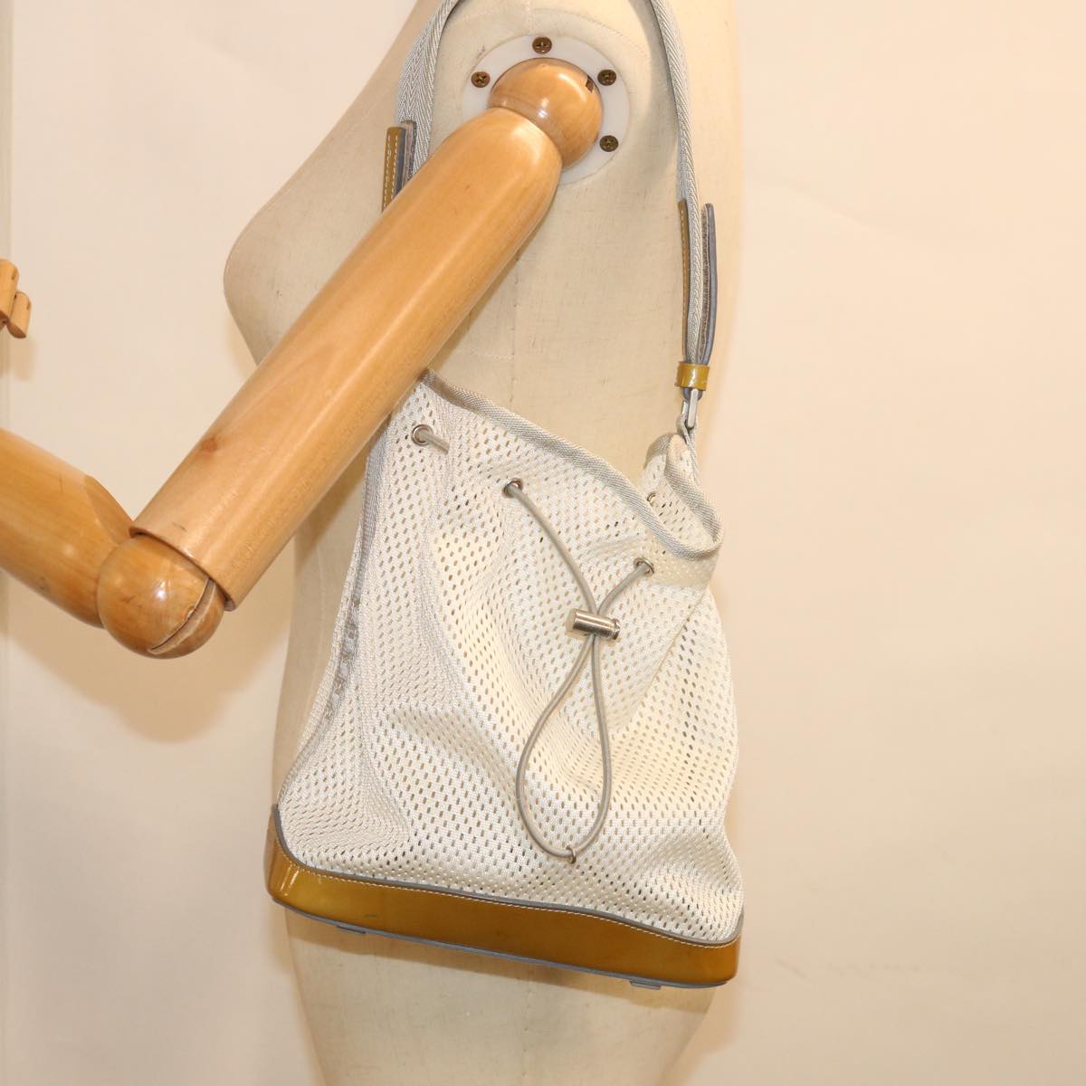 PRADA Mesh Shoulder Bag Nylon White Yellow Auth 72589