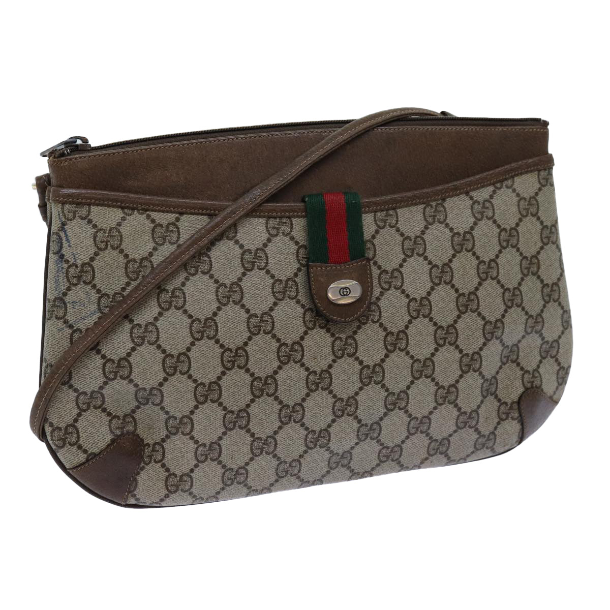 GUCCI GG Supreme Web Sherry Line Shoulder Bag Beige Green 904 02 026 Auth 72608