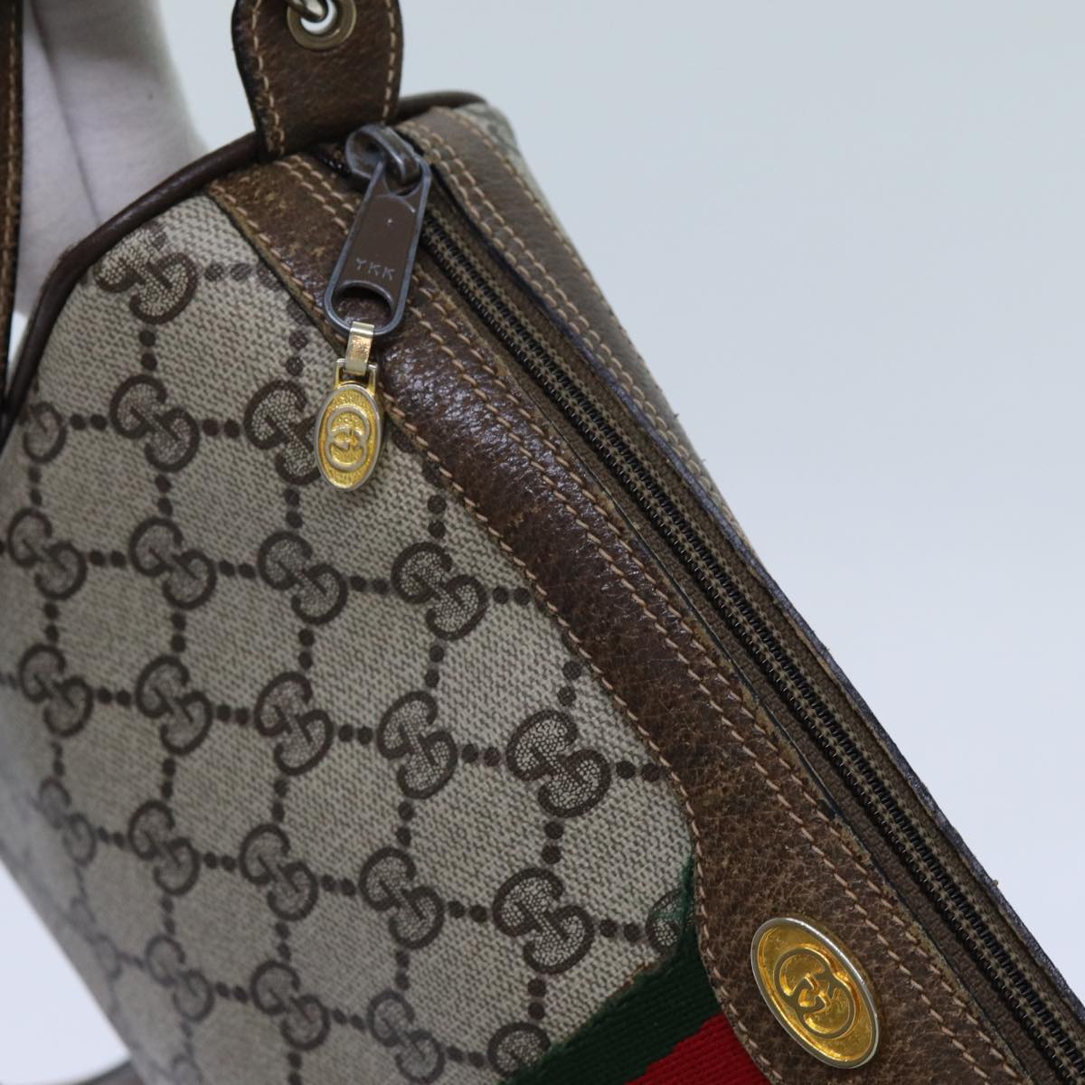 GUCCI GG Canvas Web Sherry Line Shoulder Bag PVC Beige Green Red Auth 72609