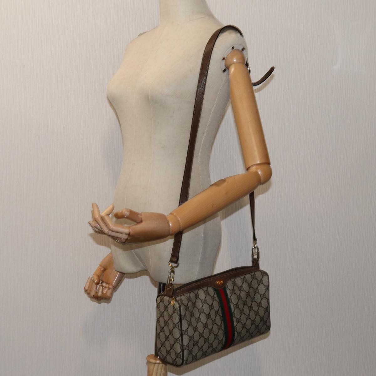 GUCCI GG Canvas Web Sherry Line Shoulder Bag PVC Beige Green Red Auth 72609