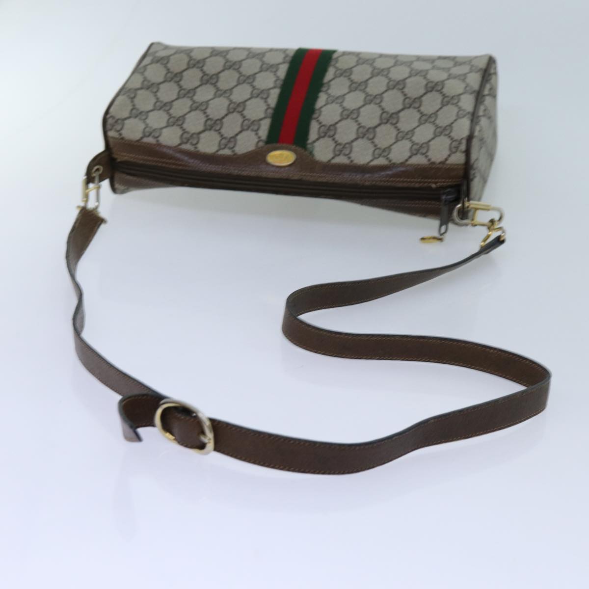 GUCCI GG Canvas Web Sherry Line Shoulder Bag PVC Beige Green Red Auth 72609