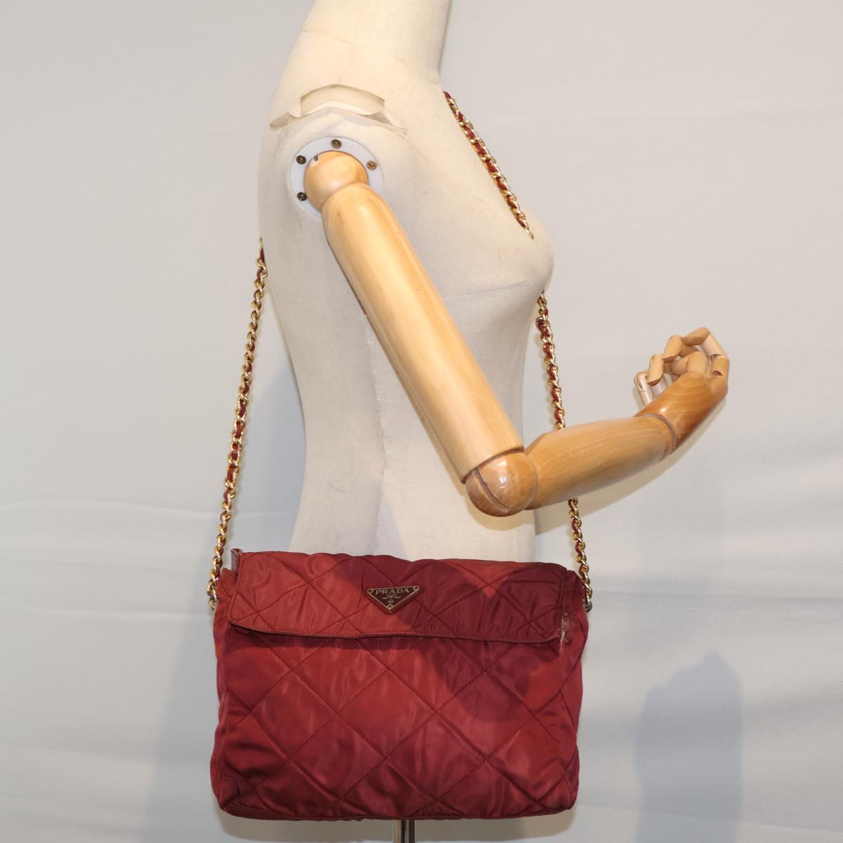 PRADA Quilted Chain Shoulder Bag Nylon Red Auth 72656