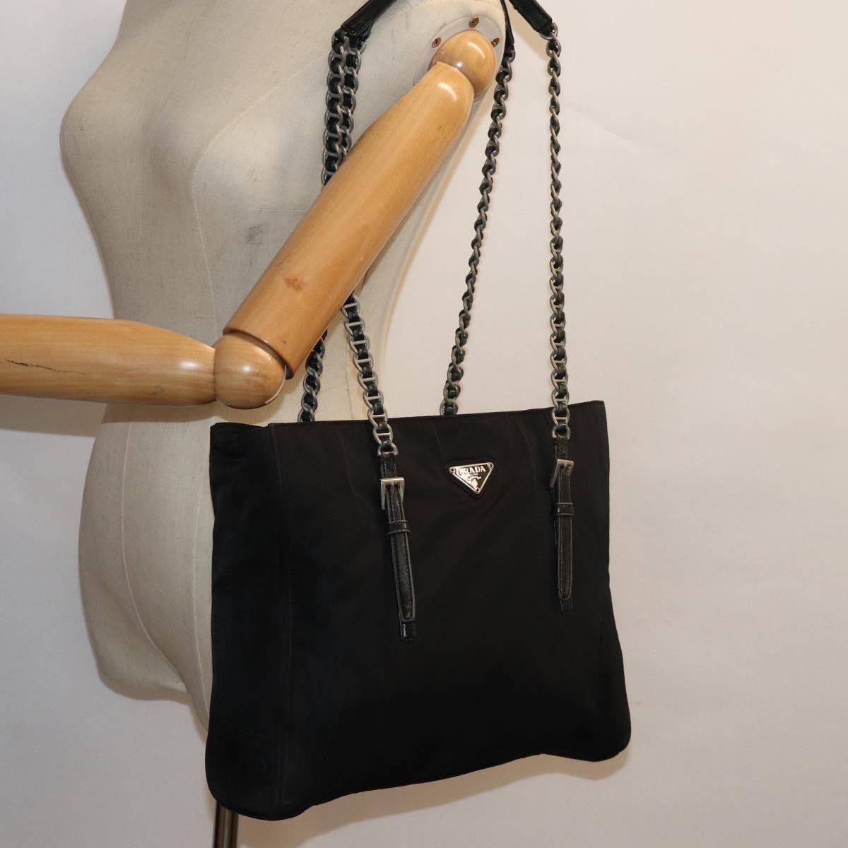 PRADA Chain Shoulder Bag Nylon Black Auth 72672