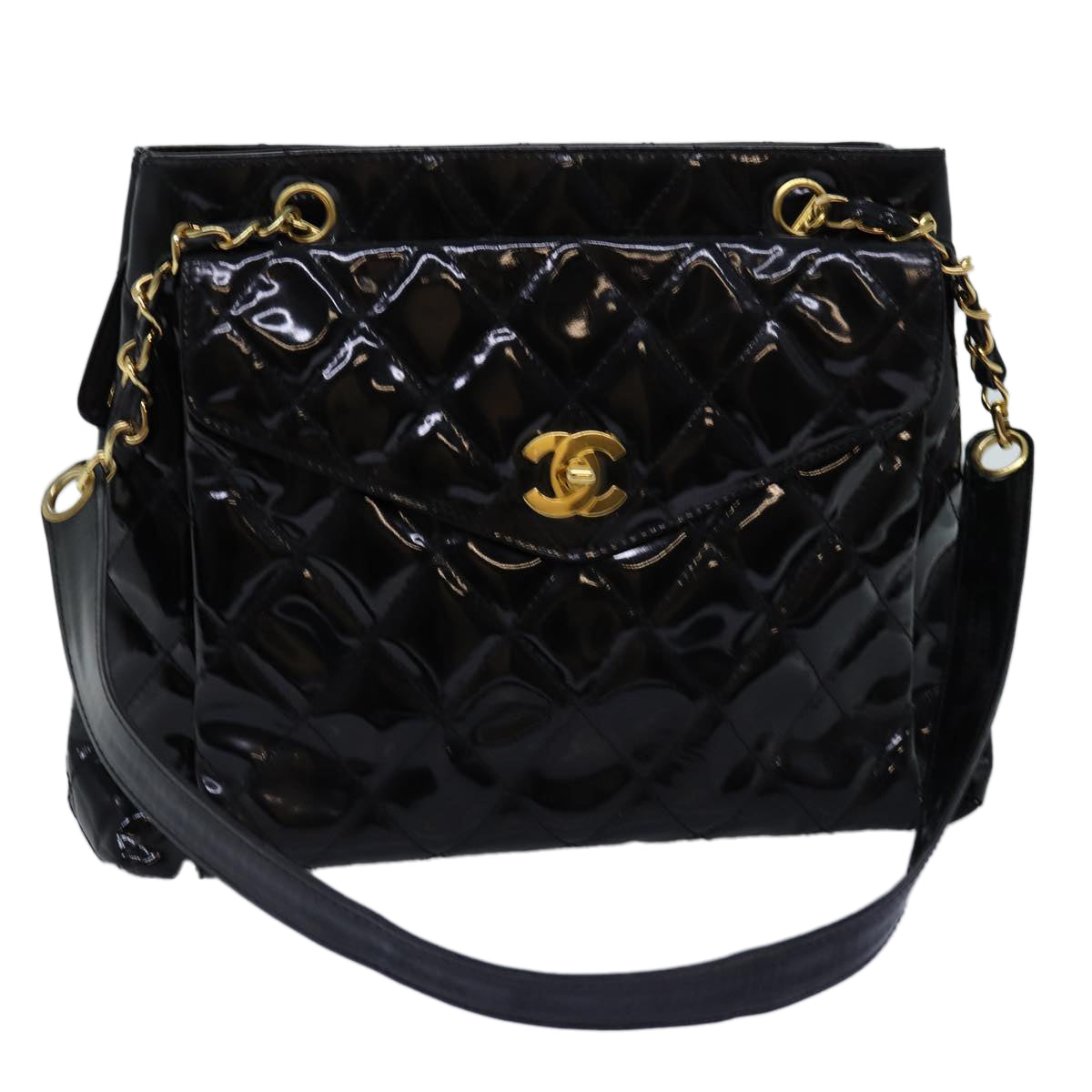 CHANEL Matelasse Turn Lock Chain Shoulder Bag Enamel Black CC Auth 72715