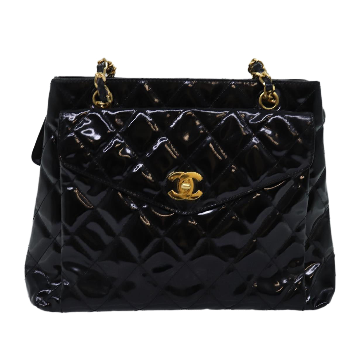 CHANEL Matelasse Turn Lock Chain Shoulder Bag Enamel Black CC Auth 72715