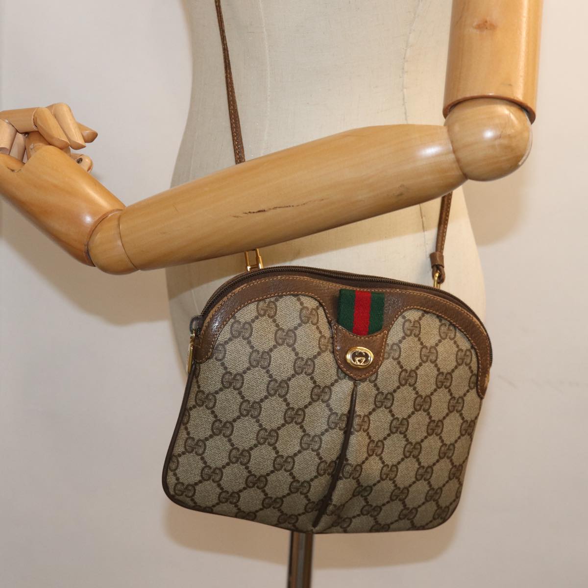 GUCCI GG Canvas Web Sherry Line Shoulder Bag PVC Beige Green Red Auth 72786