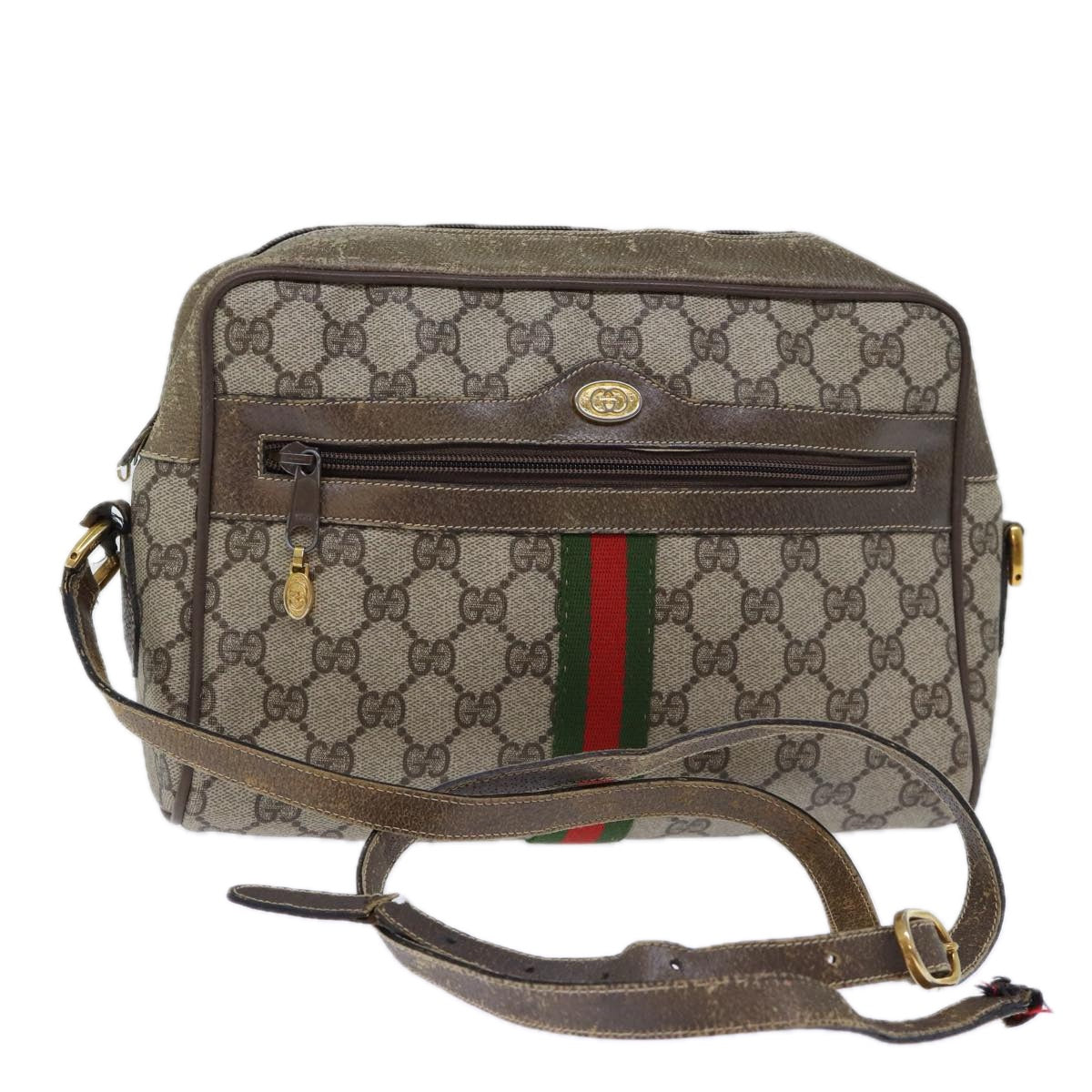 GUCCI GG Canvas Web Sherry Line Shoulder Bag PVC Beige Green Red Auth 72787