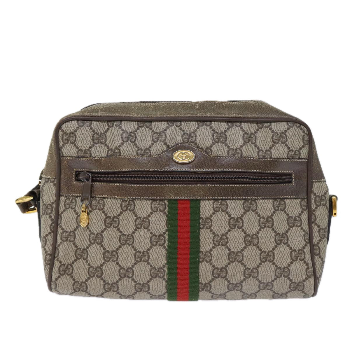 GUCCI GG Canvas Web Sherry Line Shoulder Bag PVC Beige Green Red Auth 72787