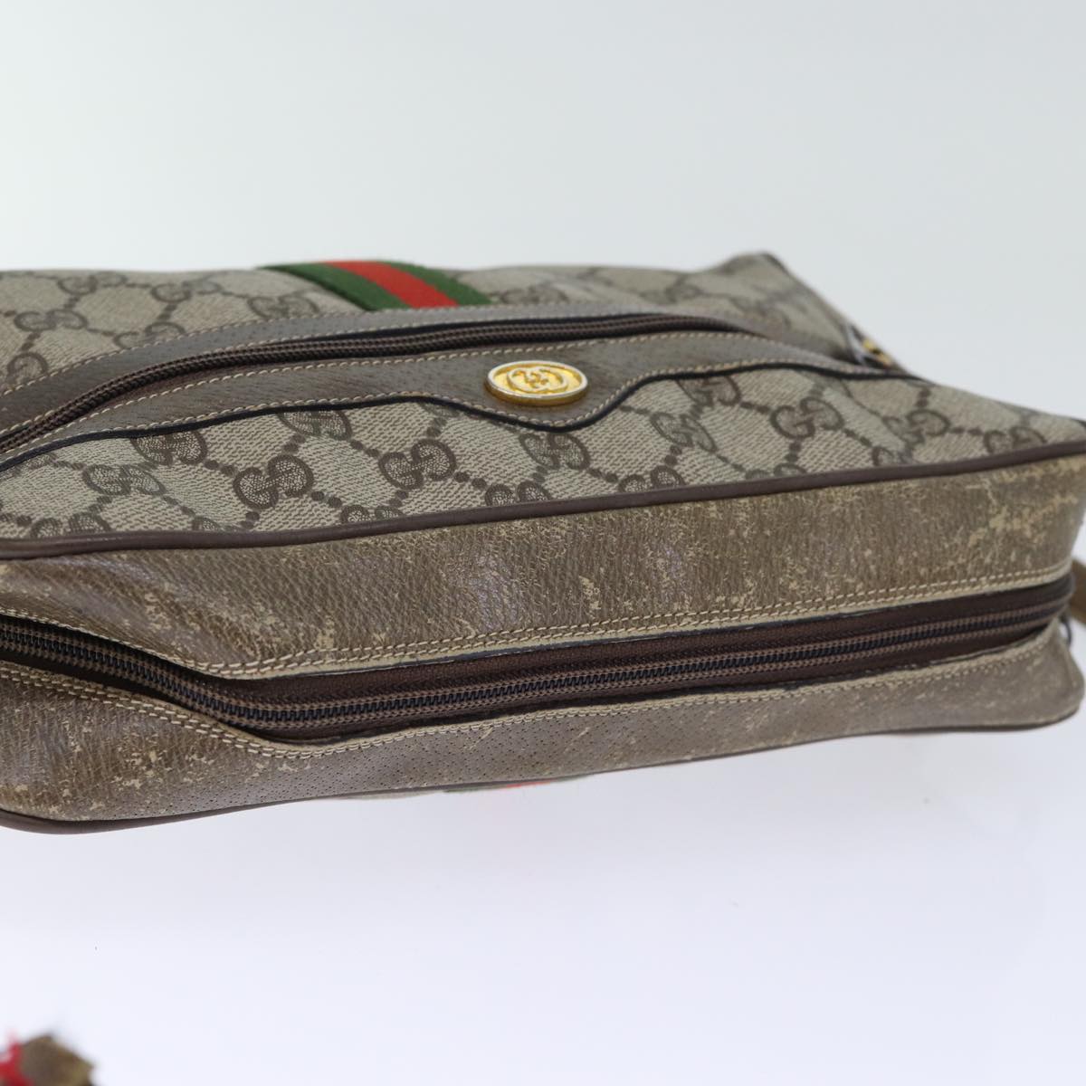 GUCCI GG Canvas Web Sherry Line Shoulder Bag PVC Beige Green Red Auth 72787