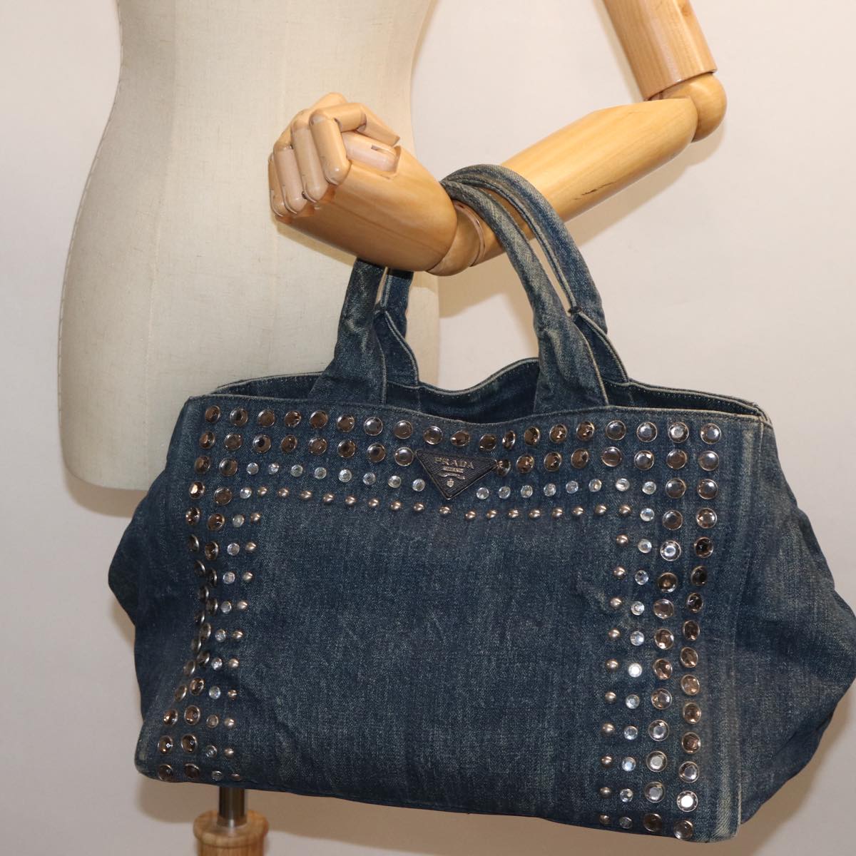 PRADA Bijoux Canapa MM Hand Bag Denim Blue Auth 72799