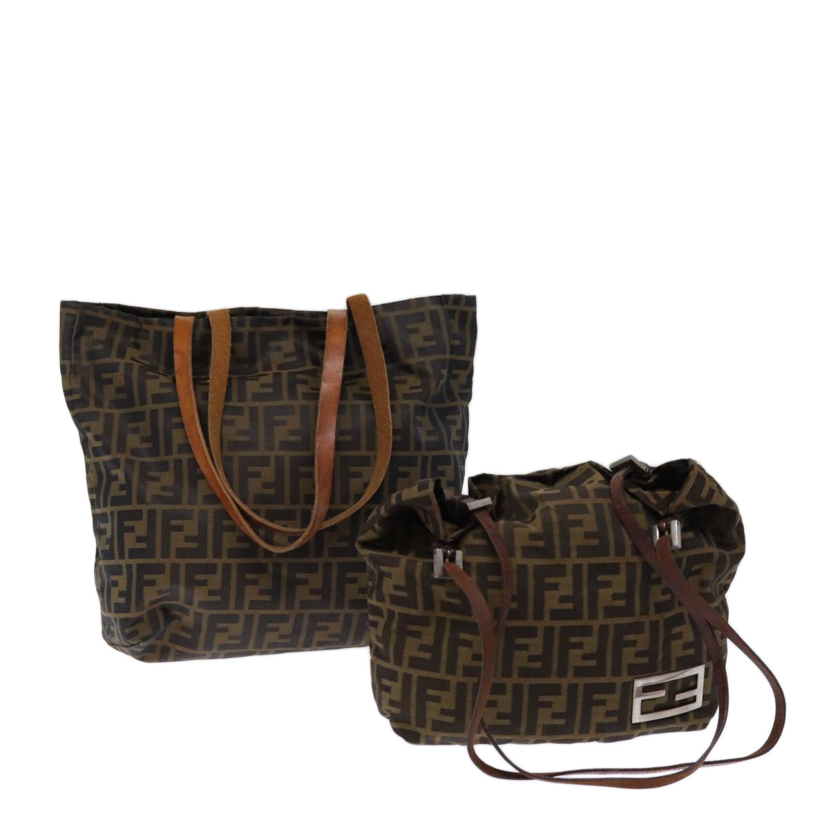 FENDI Zucca Canvas Hand Bag 2Set Black Brown Auth 72894