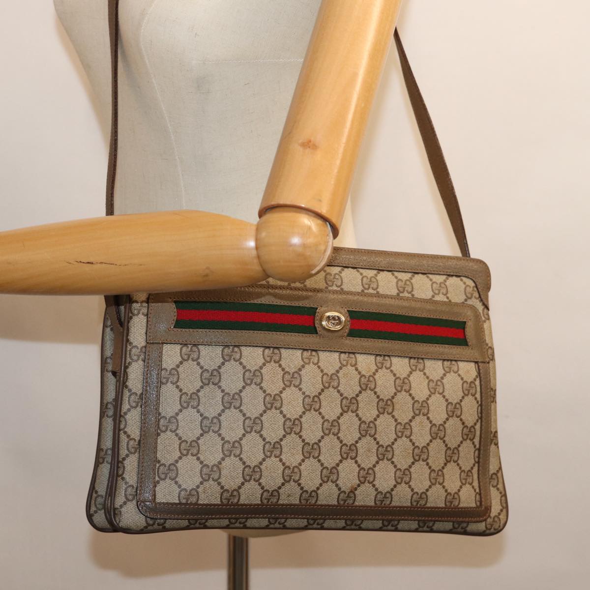 GUCCI GG Canvas Web Sherry Line Shoulder Bag PVC Beige Green Red Auth 72965