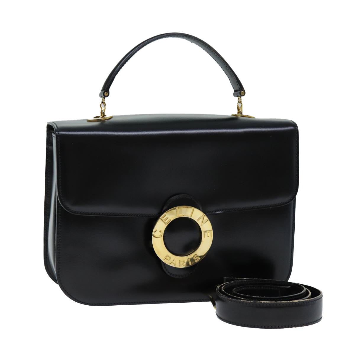 CELINE Hand Bag Leather 2way Black Auth 73008